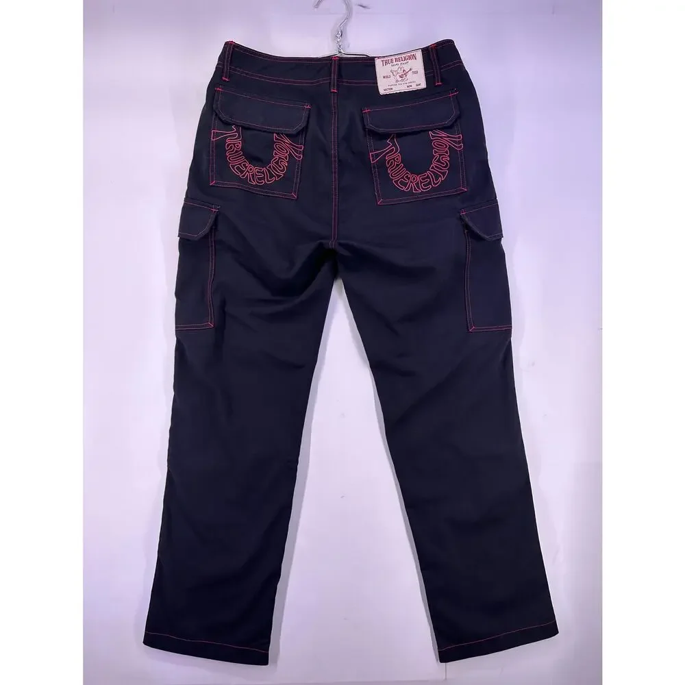 True Religion Jet Black Cargo Jeans Red Accents Size 32